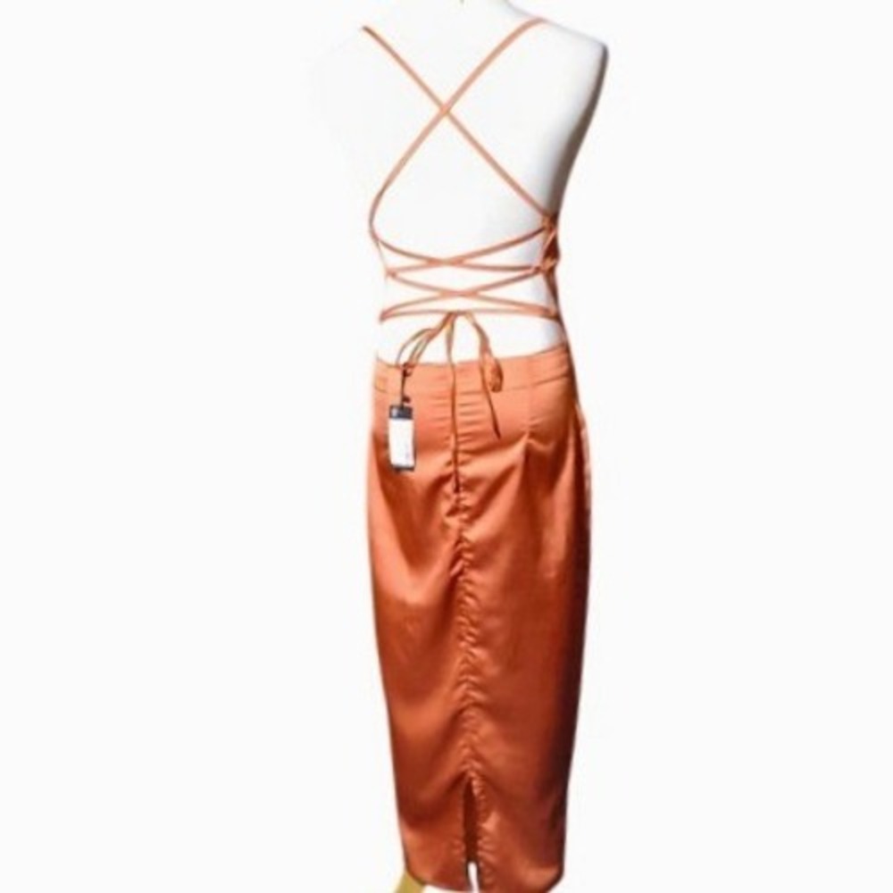 PrettyLittleThing Rust Satin Cowl Neck Lace Up Back Midi Dress US 6 NEW - Picture 10 of 16